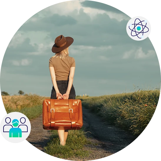 Person standing on a country road holding a vintage suitcase, symbolising personal growth, resilience, change and life transitions, with leadership and science icon overlays.