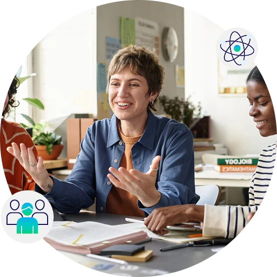 Facilitator leading a collaborative group discussion in a bright meeting room, encouraging open communication and active participation among diverse attendees.